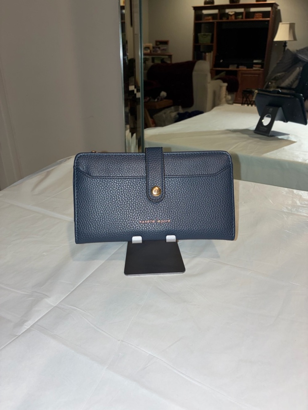 Nanette Lepore Navy Blue Pebbled Leather Bifold Wallet with Gold Hardware - Picture 5 of 12
